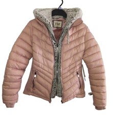 Ymi Pink And Grey Puffer Jacket Coat Grey Fleece Hood Autumn Winter Size S(6-10)