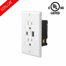 5.8A Dual USB Type-C Wall Outlet Charger TR Duplex Receptacle for Phone Tablet