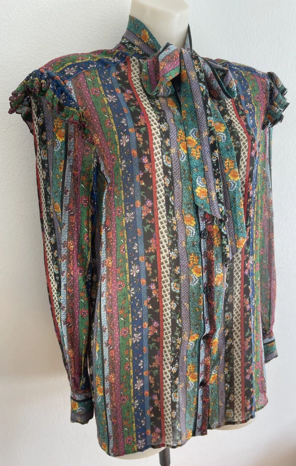 PHILOSOPHY BY Lorenzo Serafini Camisa Blusa Seda Pajarita Patchwork Rayas IT44-M Foto 3 de 4