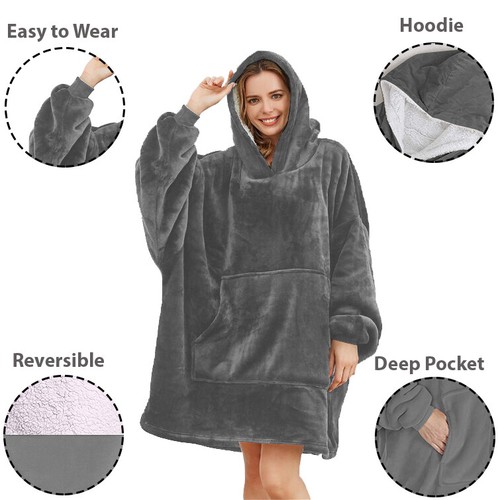 Adult Oversized Hoodie Blanket Heavy Plush Sherpa Fleece Giant Hooded Sweatshirt - Picture 58 of 94