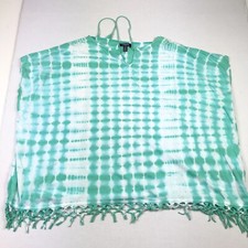 Chaps Tassel Poncho Tunic Top Green White Pullover Loose Fit Boho Style Small S