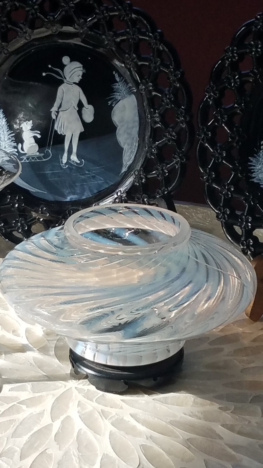 Fenton Opalescent Swirl Spiral Optic Frosted Glass Squat Vase