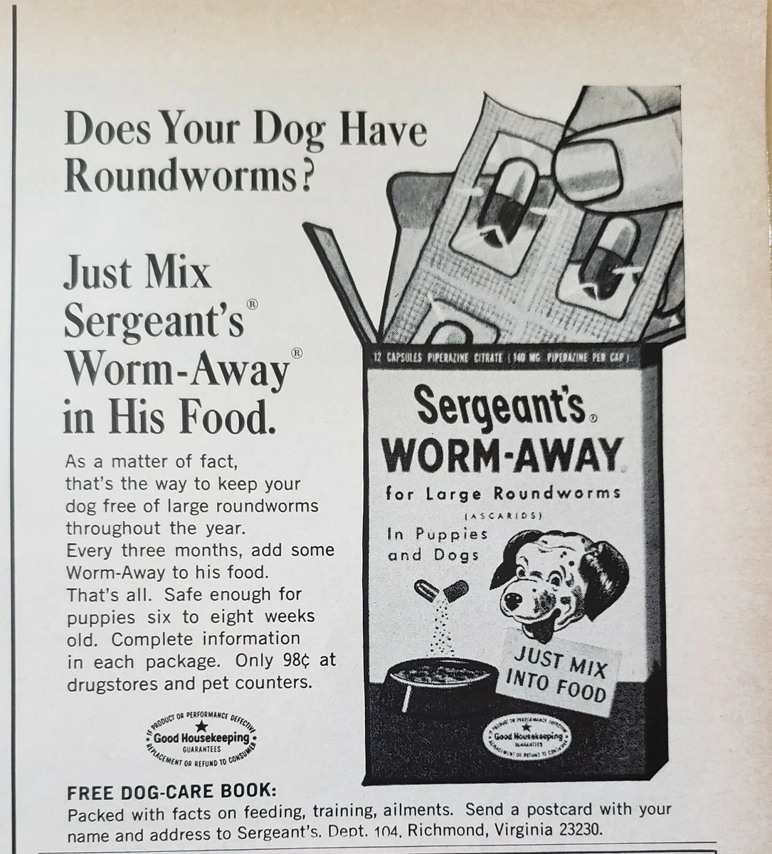 Lot of 3 Vintage 1964 Sergeants Flea Collar Worm Away Print Ads eBay