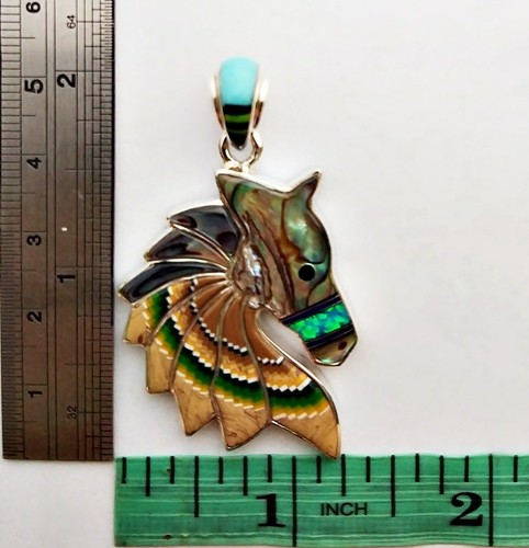 REVERSIBLE CELESTIAL SUN MOON STARS MULTICOLOR INLAY .925 SILVER HORSE PENDANT - Picture 4 of 4