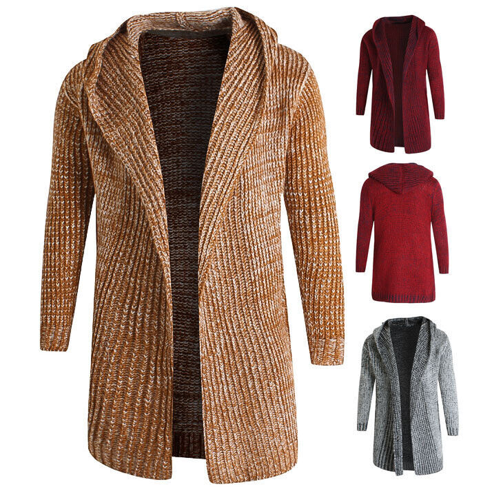 Cardigan Tops Men Mid-Length Hooded Sweater Fashion Slim-Fit Casual Knitted Coat-image