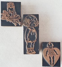 Set of 3 Vintage Wood and Copper Printing Letterpress Printers Block Stamp Dolls