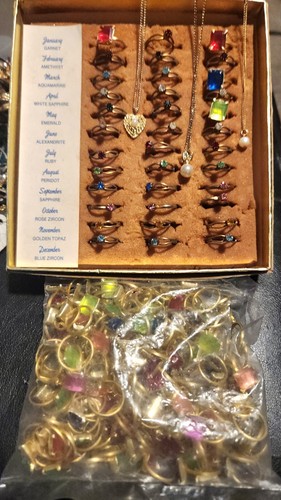 Vintage Display Box Toy Jewel Rings HUGE LOT Birthstones & 3- Free Necklaces