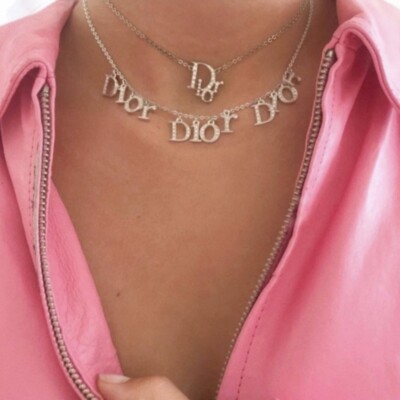 DIOR Oblique Necklace Silver Rhinestone Vintage Authentic