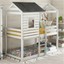 twin over twin bunk bed loft bed w/roof, window, guardrail, ladder antique white