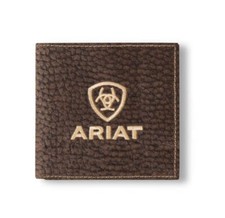 New Men's Ariat Brown Large BIFOLD-STYLE BULL HIDE LEATHER WALLET w/ Wording