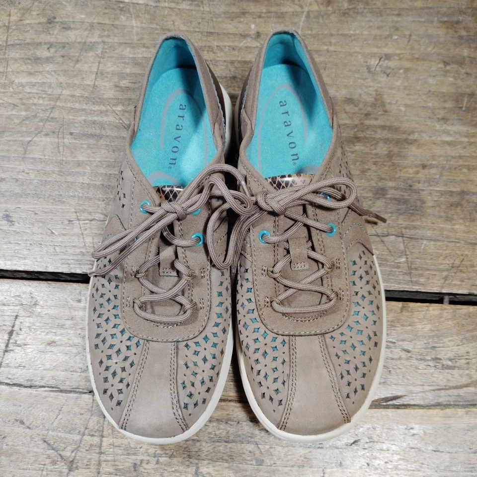 Aravon Mujer Talla 7.5 AA Zapatos Marrón Verde Azulado Mocasín Zapatilla con Cordones Cuero Recortes Foto 2 de 4