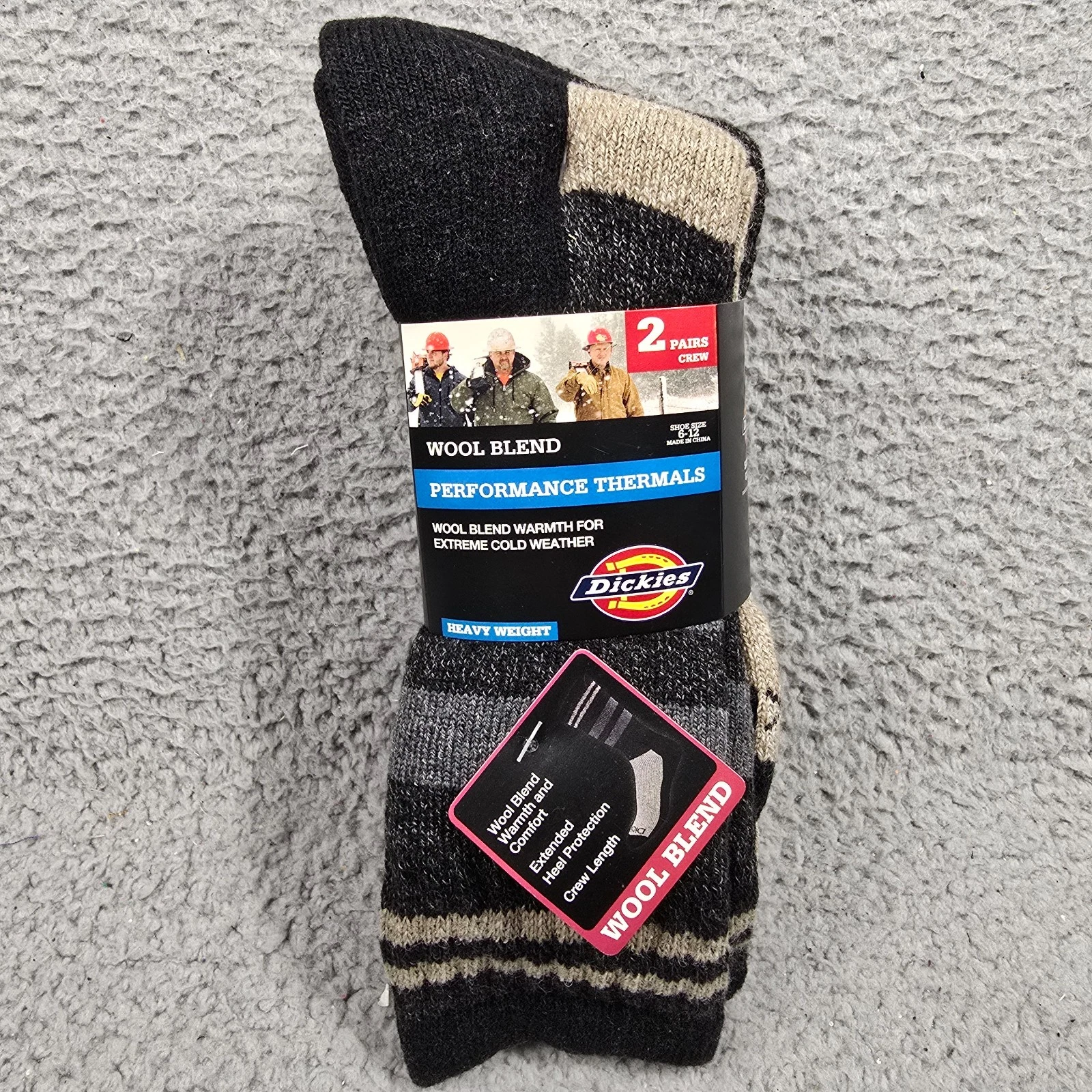 Dickies Wool Blend Socks Mens 6-12 Black Performance Thermals 2 Pairs Crew NWT