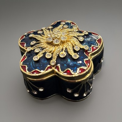 Vintage Enamel & Clear Rhinestone Hinged  Trinket Box, Navy/Red/Gold