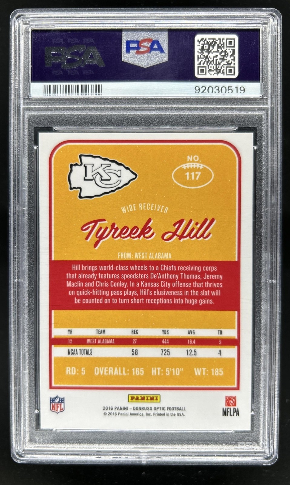 2016 Panini Donruss Optic Tyreek Hill RC Purple Rookie #117 Chiefs PSA 9 view 2