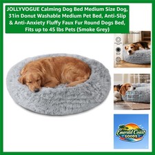 Calming 31-Inch Donut Dog Bed in Smoke Grey - Anti-Slip Fluffy Faux Fur