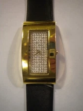 Women's Stylish Elegant Gold-Toned Rectangular Quartz Analog Watch w Second Hand