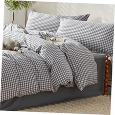 Gingham Duvet Cover Set Queen Size, Queen 90"x90" Plaid Grey Washed Cotton