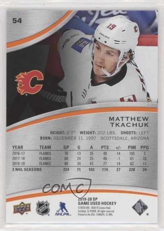 2019-20 Upper Deck SP Game Used Orange Rainbow /103 Matthew Tkachuk #54 - Image 2 of 2