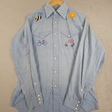 Vintage Sears Mens Blue Chambray Western Shirt Pearl Snap Embroidered Novel Sz M