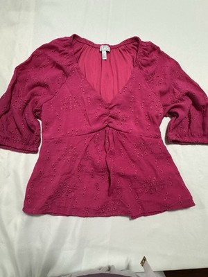 Sofia Vergara Pink Eyelet Babydoll Top Romantic Boho Cottagecore M