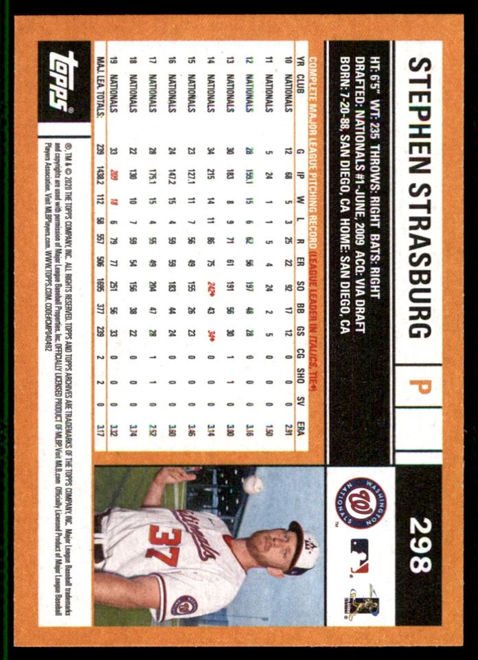 Stephen Strasburg 2020 Topps Archives #298 Nationals MLB READ FREE SHIPPING - Image 2 of 2