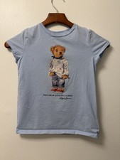 Polo Ralph Lauren Baby Blue T Shirt Girls Medium 8-10 Polo Bear Designer Stains 