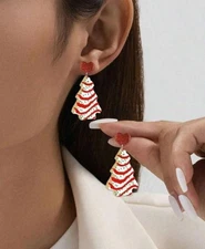 Christmas Tree Cake with Heart Flat Earrings Women's Dangle