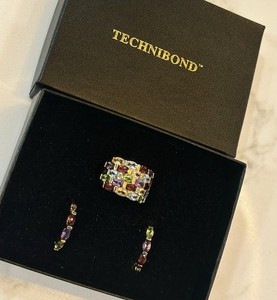 Authentic Technibond Gold Plated Sterling Silver Muti Color Gem Ring Sz 7.75 & Earring Set