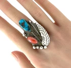 Navajo Vintage Turquoise And Coral Sterling Silver Ring Size 6.5