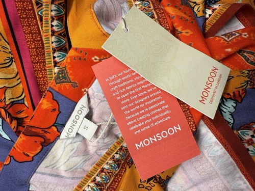 Monsoon Dress Orange Blue Floral Stretchy Strappy Bead V Neck Hankie Hem UK 8/10 - Picture 18 of 18