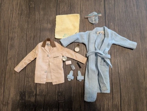 Vintage 1960s Ken Barbie Doll Terry Togs #784 Blue Bathrobe Soap Slippers Towel
