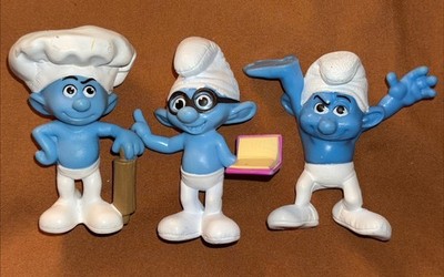 3 Used 2013 Smurf Peyo Action Figure McDonalds Promo 3  PVC  Hefty~Brainy~Baker