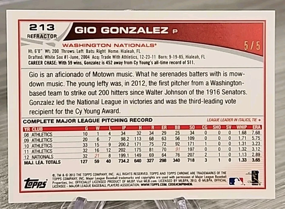 Gio Gonzalez 2013 Topps Chrome Pink Refractor /5 #213 Washington Nationals - Image 2 of 2