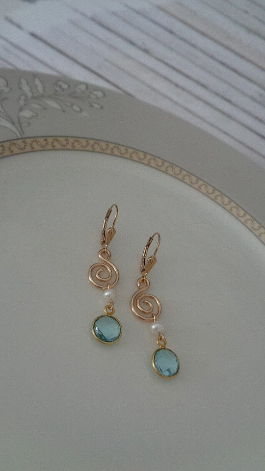 Gold Ohrringe Blautopas und Perle 14K GF - Bild 4 von 4