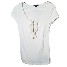 Twenty One Blouse Womens Small White Zip Up Ruffle Neckline Tshirt Scoop Neck