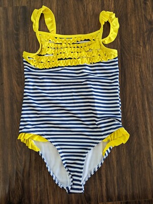 Size 6X 6 Penelope Mack One Piece Blue White Stripe Swimsuit Swim Suit Yellow