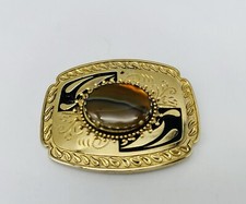 Vtg Western Belt Buckle Gold tone with Agate Gemstone Cabachon 4" x 3"