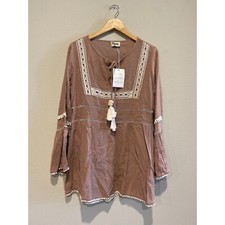 Show Me Your MuMu| Bell Sleeve Taupe Tan With White Embroidered Tunic| Medium