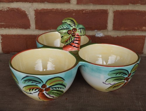 Clay Art COCONUT PALM TREES Ceramic 3 section Condiment Bowls - Picture 5 of 7