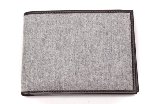 Mens Handmade Bifold Wallet Italian Leather Light Gray Flannel Gift for Him