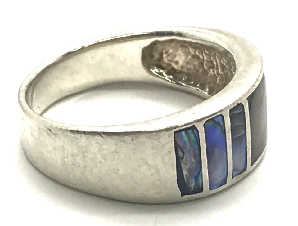 Vintage Oxidized Sterling Silver 925 Mother of Pearl Inlay Cocktail Band Ring - Изображение 4 из 4