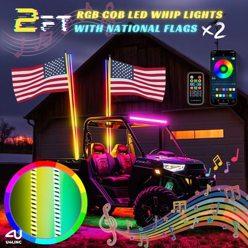 Pair 2FT RGB COB LED Whip Lights Antenna Chasing APP & Remote - SXS ATV UTV RZR