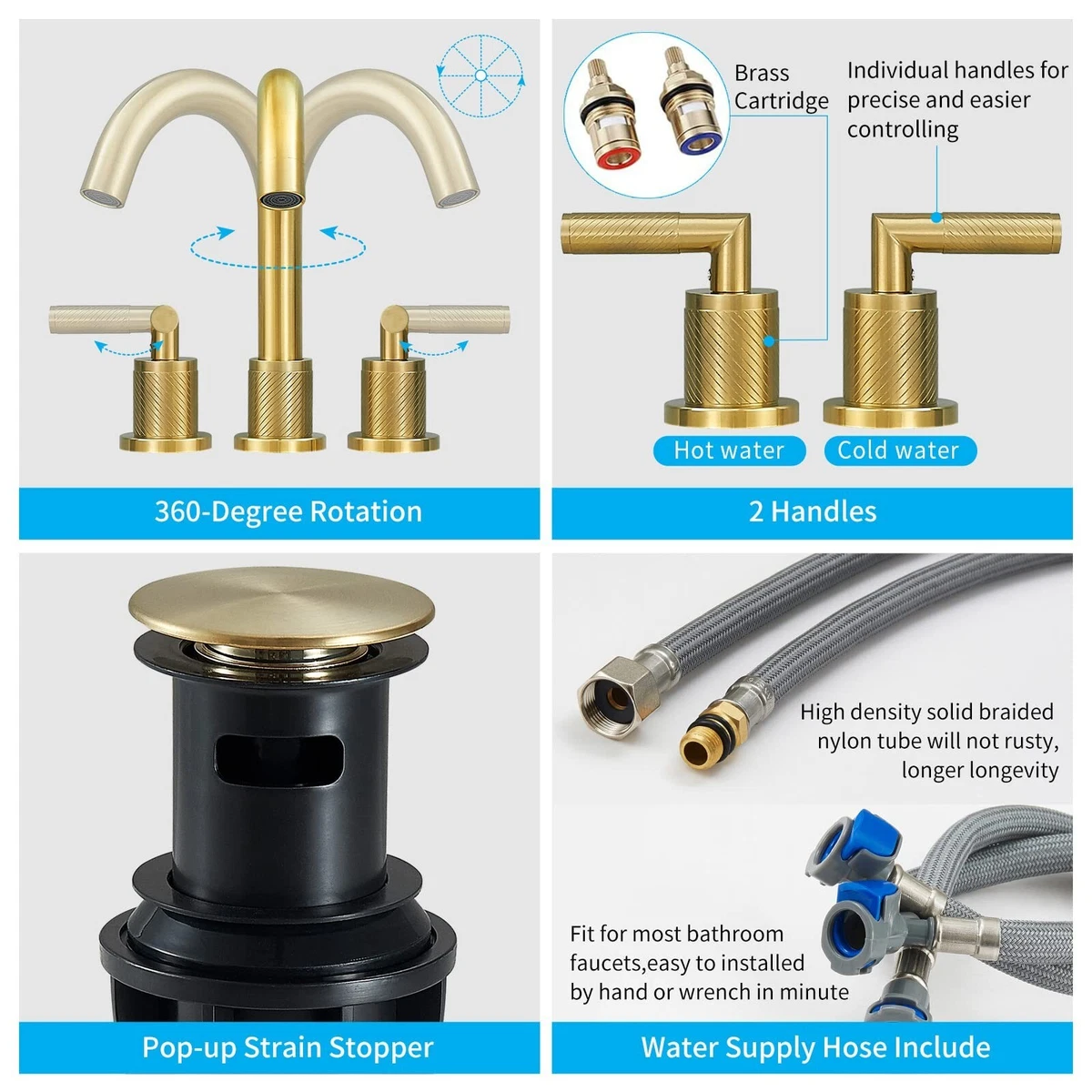 Grifo de baño dorado cepillado, grifo dorado de una sola manija para  fregadero de baño, grifo de lavabo de tocador de baño, 1 agujero con  drenaje