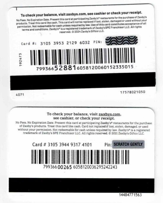 Zaxby's Gift Card - Chicken Restaurant - LOT of 2 -c 2024 & 2021