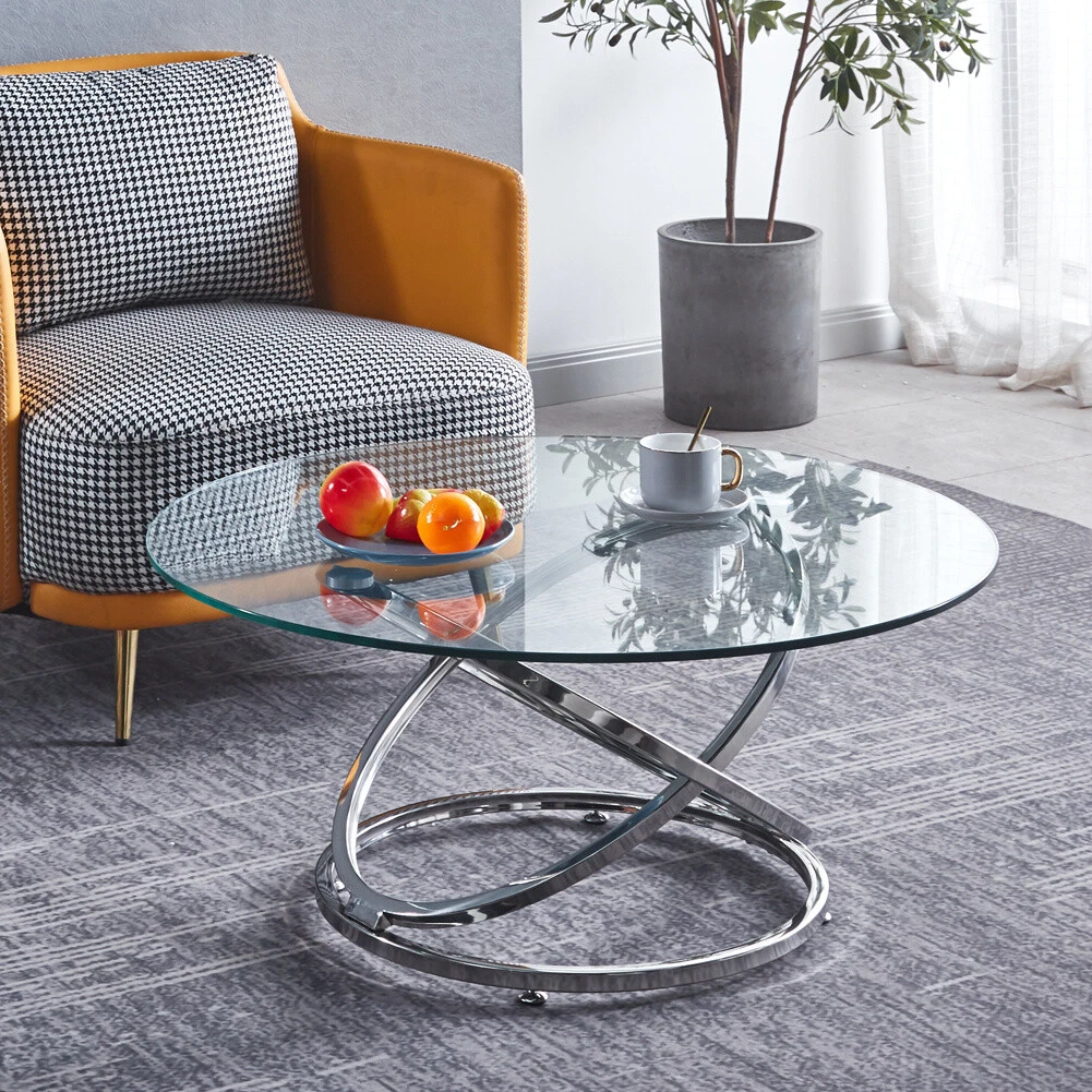 Round Tempered Glass Top Sofa Side Coffee Table Living Room