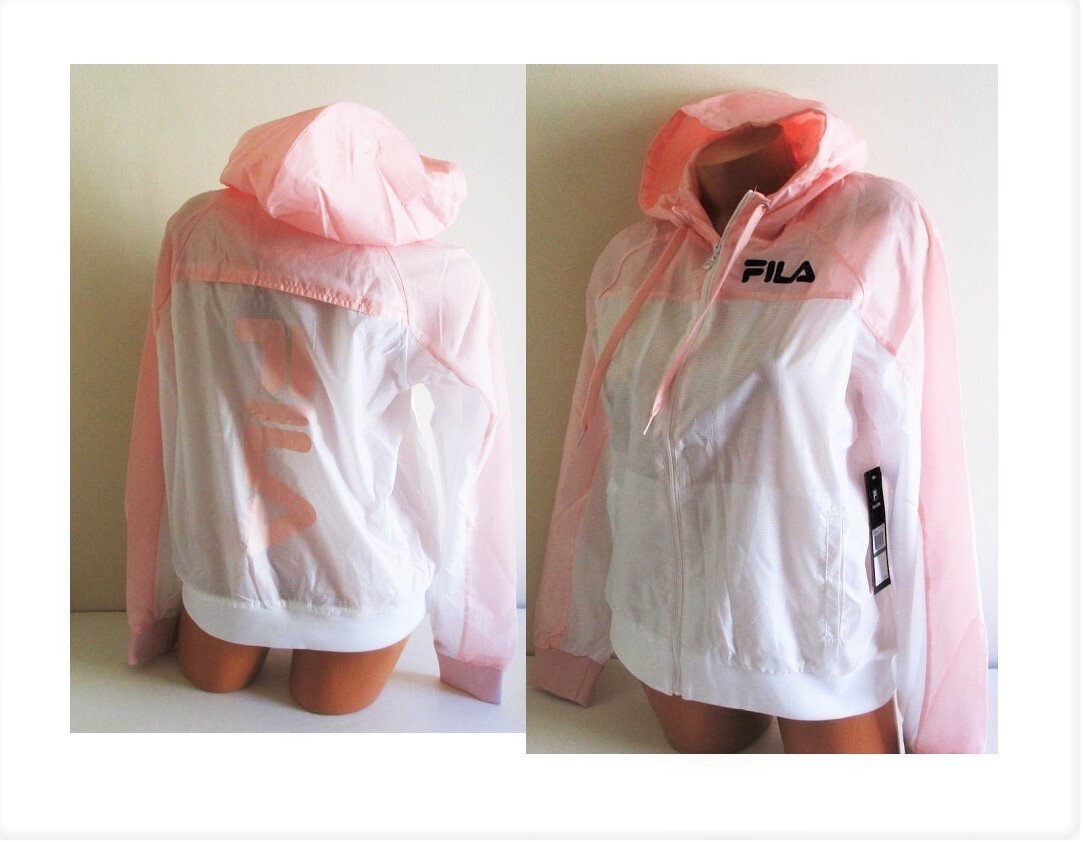 FILA USA Breeze Wind Full Zip Jacket Hooded Windbreaker Pink White LARGE &dollar;90