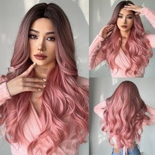 Women Ombre Pink Middle Part Long Body Wave Heat Resistant Synthetic Full Wig