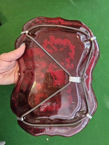 Vintage Ruby Red Glass Bowl Tray Gold Painting Bohemian Czech Turkish (#G #500) - Picture 11 of 15