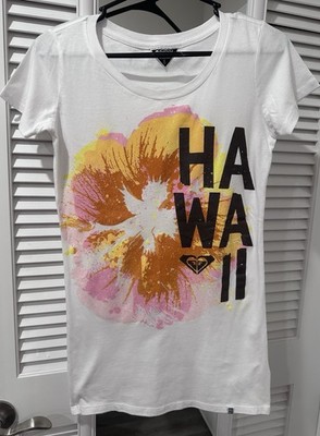 ROXY Women s White Hawaii Graphic Crew Neck Short Sleeve 100% Cotton Tee XS