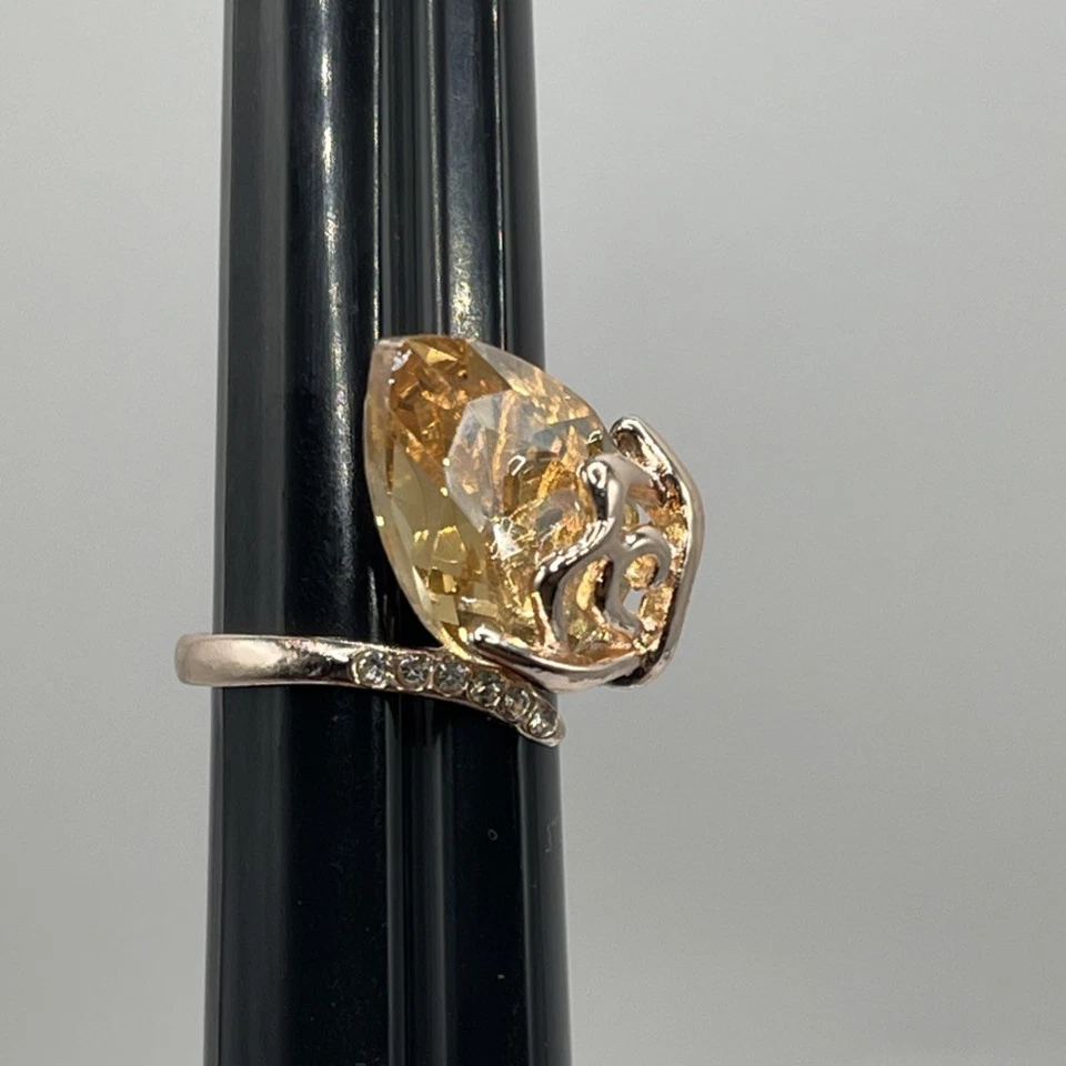 Rose Gold Filled Citrine Water Tear Drop Pear Shape Rhinestone Ring Size 7  - Image 3 of 4